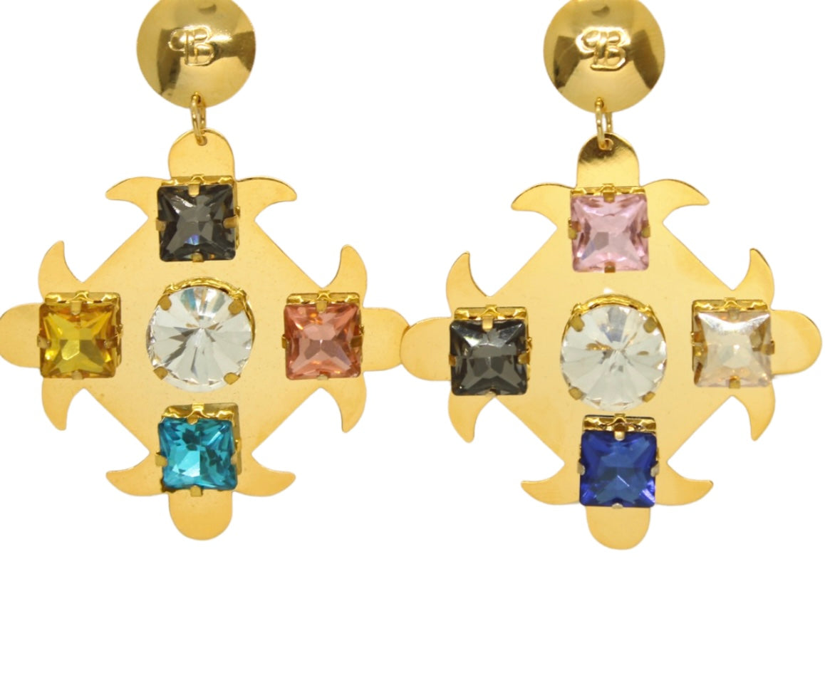 Artisanal Stone Statement Earrings - Gold Finish with Multi-Color Stones