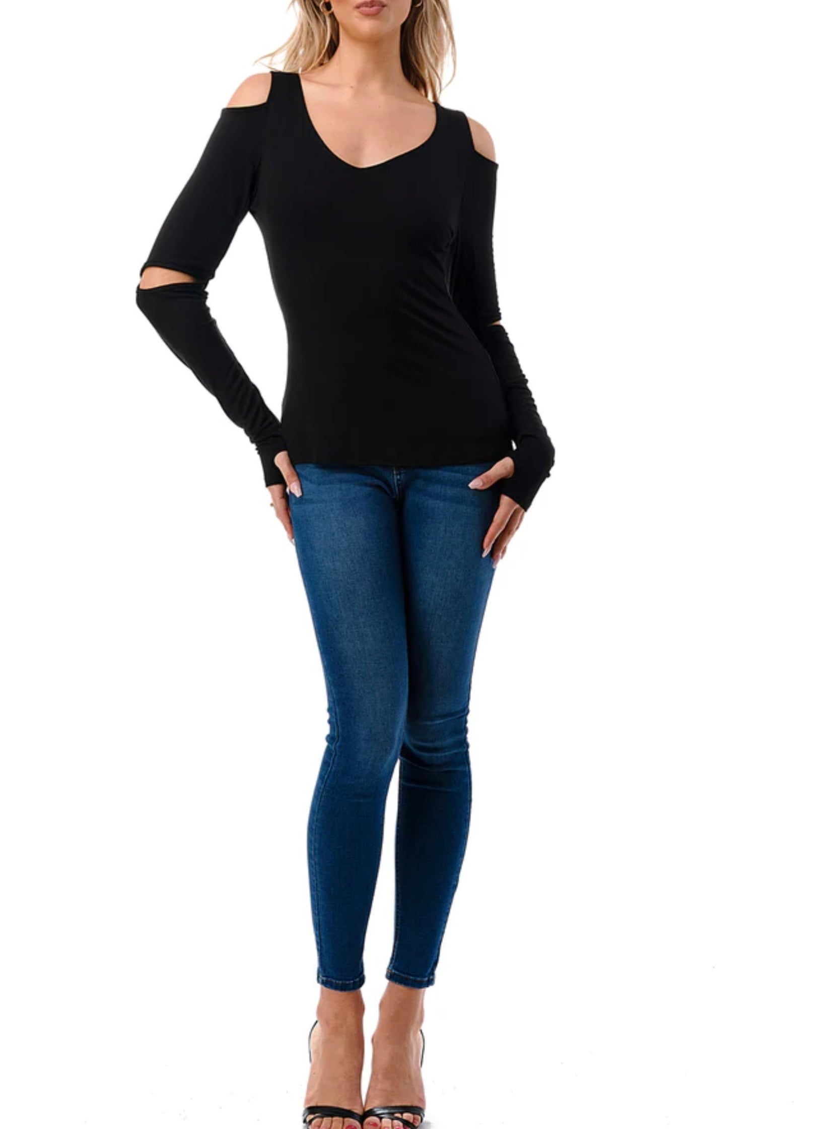 Cutout Shoulder Top with Thumb Holders - Versatile Long Sleeve V-Neck