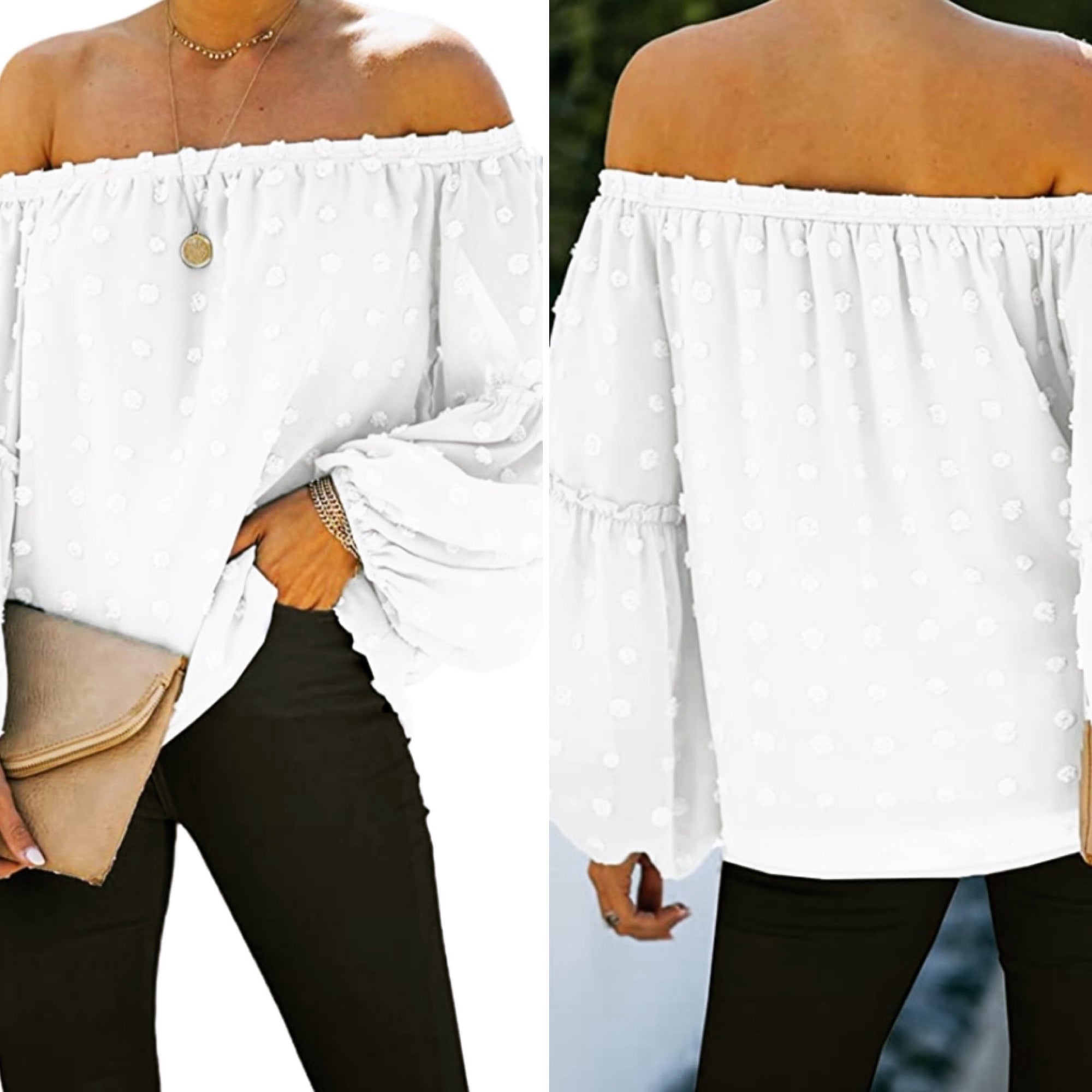 Swiss Dot Off-The-Shoulder Chiffon Blouse