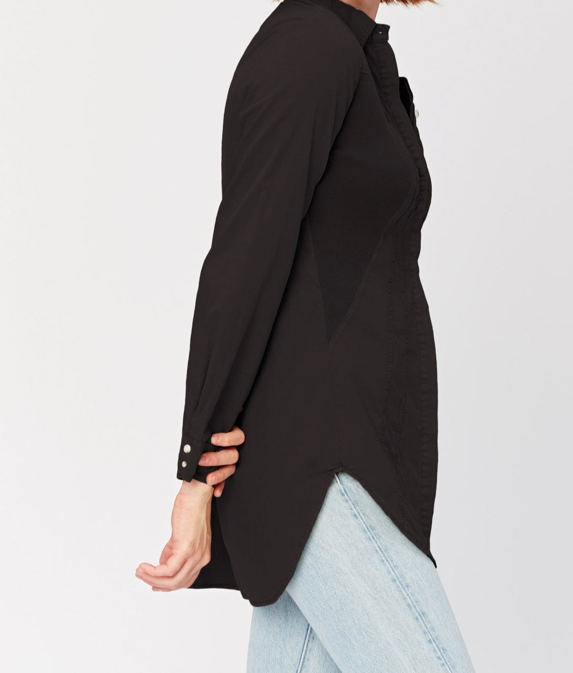 oan Button Up Shirt has hidden buttons at front, vertical style lines for added structure, two button cuffs, stretch cotton jersey inserts at sides for a flattering fit, and a fun lace-up back.