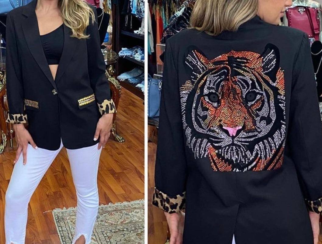 Crystal Tiger Back Button-Front Jacket - Statement Piece with Leopard Lining