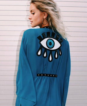 Blue Sequin Eye Kimono Robe