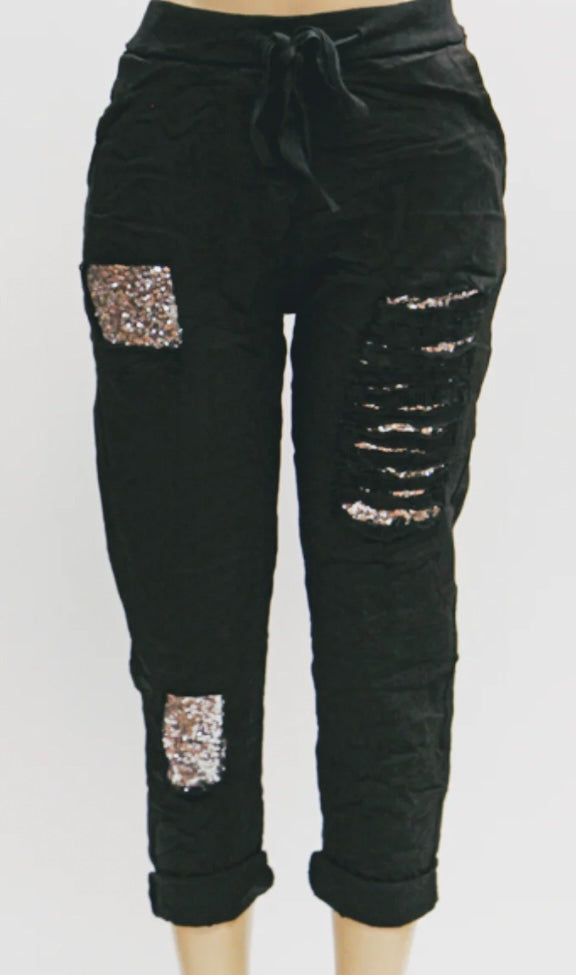 Distressed Cotton Sequin Jogger Pants