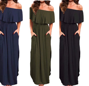 Off-the-Shoulder Earth Tone Dress with Pockets and Side Slits