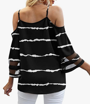 Cold Shoulder Blouse with Sheer Bell Sleeves