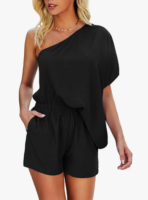 One Shoulder Batwing Onepiece Romper Shorts