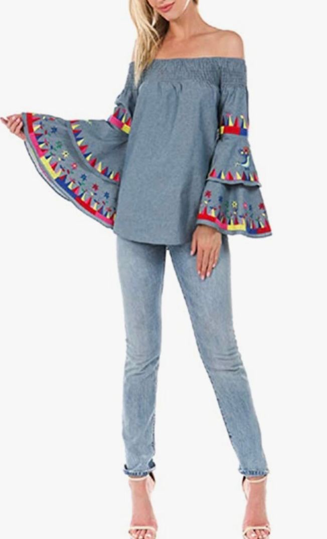 Denim-Style Blouse with Bell Embroidered Sleeves - Stylish and Lined