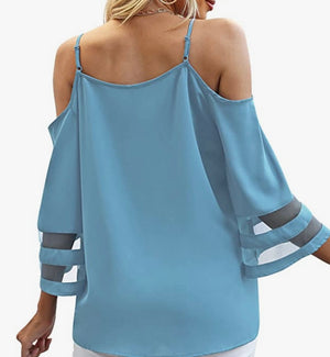 Cold Shoulder Blouse with Sheer Bell Sleeves