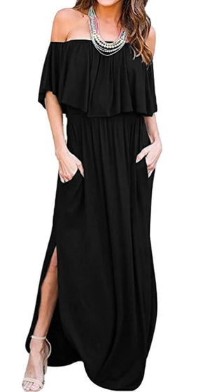 Off-the-Shoulder Earth Tone Dress with Pockets and Side Slits