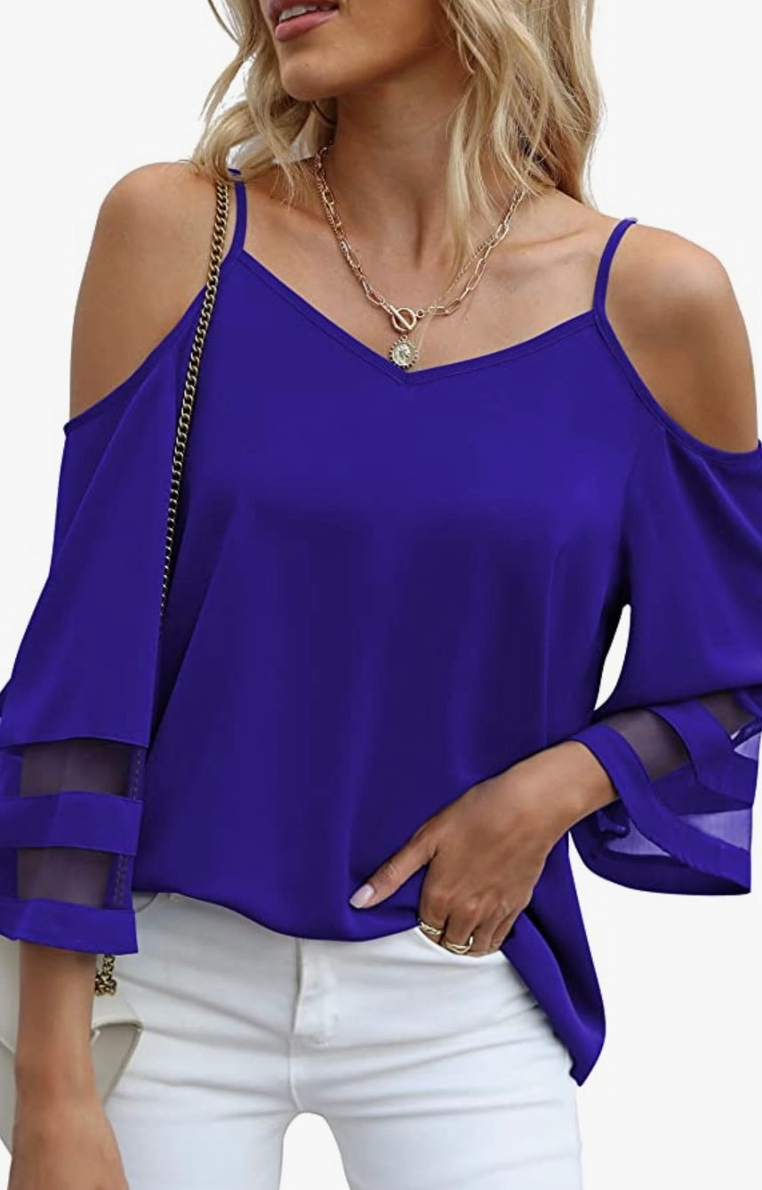 Cold Shoulder Blouse with Sheer Bell Sleeves