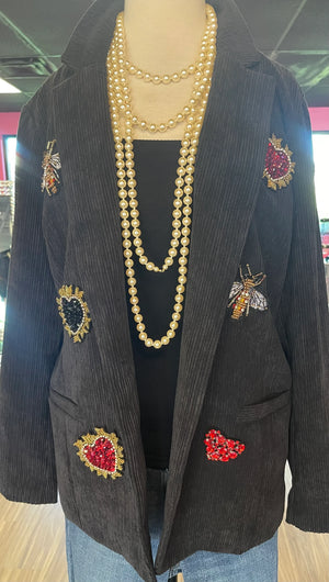 Designer Crystal Heart and Queen Bee Patch Jacket - Statement Piece