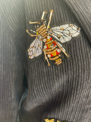 Designer Crystal Heart and Queen Bee Patch Jacket - Statement Piece