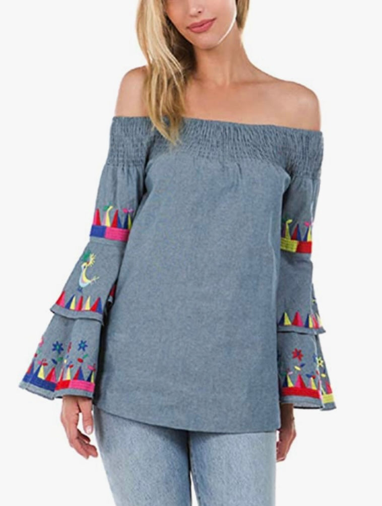 Denim-Style Blouse with Bell Embroidered Sleeves - Stylish and Lined