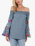 Denim-Style Blouse with Bell Embroidered Sleeves - Stylish and Lined