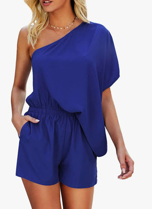 One Shoulder Batwing Onepiece Romper Shorts