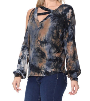 Soina Zig Zag Printed Top with Edgy Open Shoulder Detail